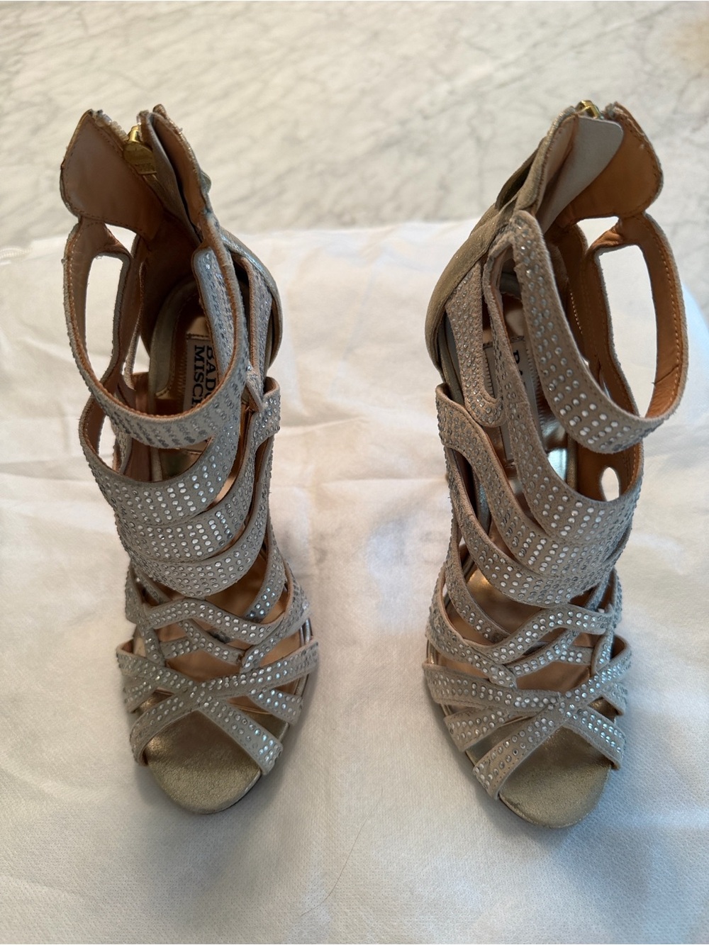 Badgley Mischka Taupe Crystal-Strap Open-Toe Heels